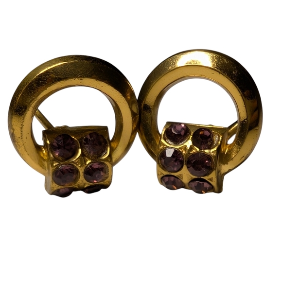 CORO Lilac Rhinestone Screw-back Gold Earrings Vintage Round Circle Signed - Picture 5 of 6